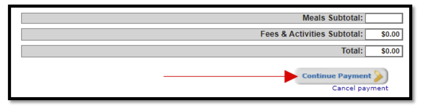 Continue payment screen